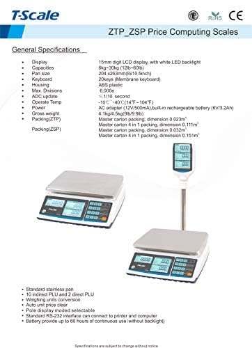 Aquos ZTP Price Computing Scale – Class III NTEP Legal for Trade, Commercial Digital Scale with LCD Backlit Display & Stainless Steel Platter, Retail Grocery Scale (60lbs Base)