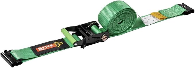 Mytee Products 4 Pack 2" x 16' Green E-Track Ratchet Tie Down Straps, 1,500 lbs WLL, 4,500 lbs BS, Spring-Loaded Double Stud E-Fittings for Enclosed Trailers & Trucks, Padded Handles & Storage Bag