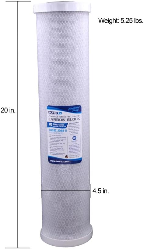 PureT HQCBC-20BB-5, 20x4.5" Coconut Carbon Block Filter - NSF Certified - Cononut Shell Activated Carbon removes Chlorine, Dirt and More (5 u Micron Rated)