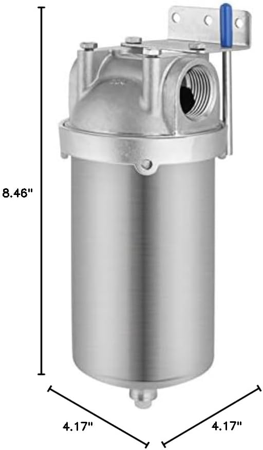 NSF/ANSI 42 Stainless Steel Whole House Water Filter Housing, 5" x 2.5" Sediment Water Filter System for Heavy Duty, Well & City Water, 3/4" NPT Port, Drain Valve Style C(Square Head)