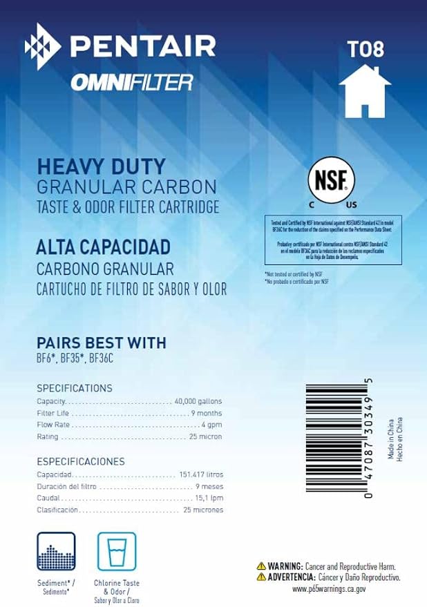 Pentair OMNIFilter TO8 Carbon Water Filter, 10" Heavy Duty Big Blue Whole House Granular Carbon Taste & Odor Replacement Filter Cartridge, 10" x 4.5", 25 Micron |(Pack of 2)