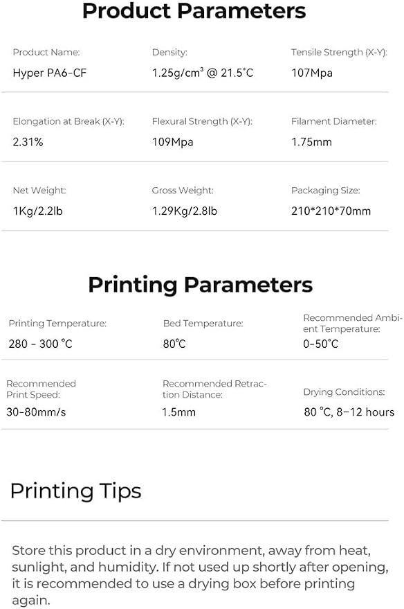 Creality Hyper PA6-CF Filament 1.75mm, Carbon Fiber Reinforced Nylon Filament, High Strength & Heat Resistant Engineering-Grade Material for Industrial 3D Printing, 1KG Spool Black