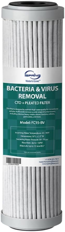 iSpring FC15-BV Replacement Water Filter, CTO + Pleated Water Filter Cartridge for US31-BV & CW31-BV, Removes Bacteria & Viruses, Up to 12 Months