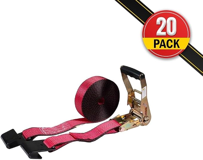Mytee Products (20 Pack) 2" x 30' Ratchet Straps w/Flat Hook, WLL 3,333 Trailer Tie Down - Red for Flatbed, Truck, Trailers Pickup