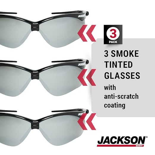 Jackson Safety SG Safety Glasses - Eye Protection for Men & Women - Anti-Scratch Lens with Black Frame - ANSI Z87.1 - Pack of 3 (Multiple Styles)