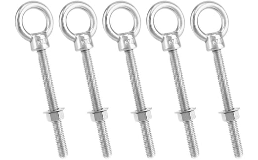 QWORK 316 Stainless Steel Machinery Eye Bolt with Shoulder, 5 Pack 3/8" x 4" Long Stainless Steel Marine Grade Shoulder Eye Bolt, Threaded Eyebolts