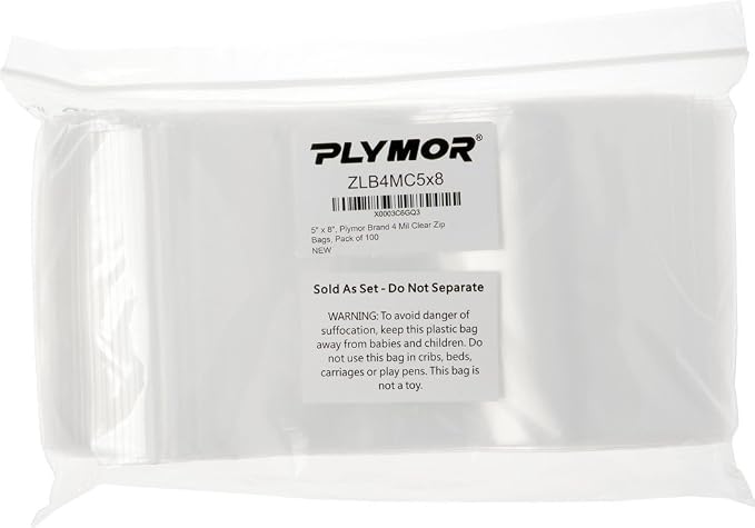 Plymor 5" x 8" (Pack of 100), 4 Mil Heavy Duty Zipper Reclosable Plastic Bags