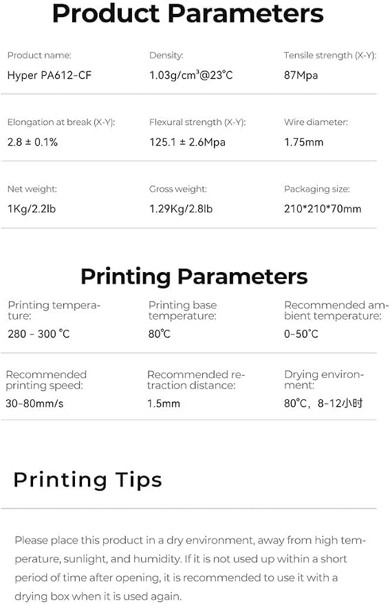 Creality Hyper PA612-CF Carbon Fiber Nylon Filament 1.75mm, 1KG (2.2lbs) Spool, High-Strength & Lightweight Engineering 3D Printing Material, Superior Toughness and Dimensional Stability, Black