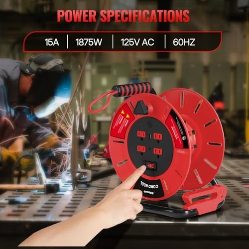 18W LED Work Light and Extension Cord Storage Reel with 4-Grounded Outlet & 2 USB Port Bundle, for Garage, Workshop, Car Repair Scene, ETL Listed Y04WL06-R85CR06