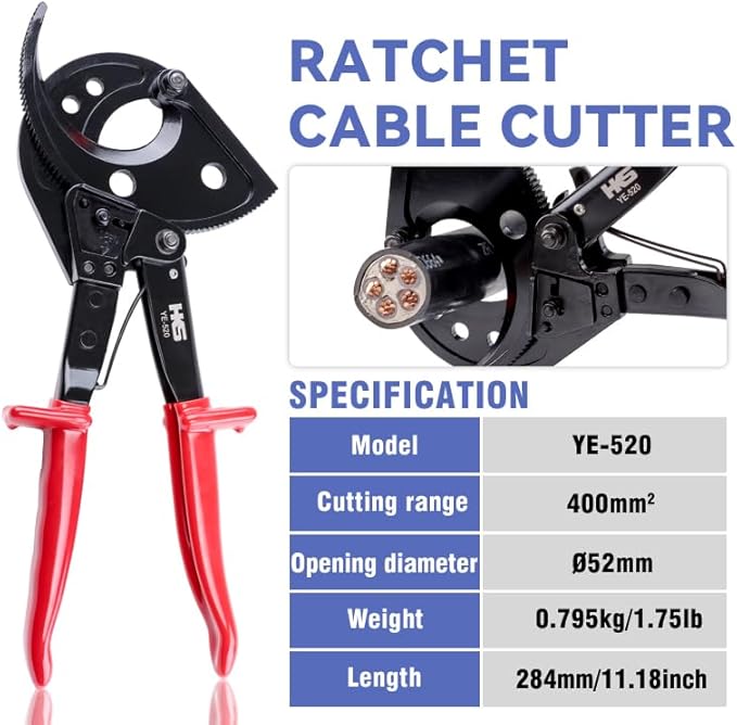 HKS Ratchet Cable Wire Cutter Heavy Duty for Cutting Electrical Aluminum Copper and Multi-core Cables up to 400mm²(AWG 750MCM)