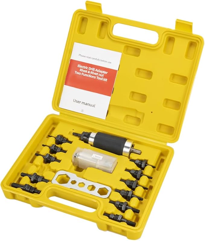 Rivet Nut Tool, Electric Drill Adapter Rivet & Rivet nut Two Functions Rivnut Tool Kit,Including 12 Rivet Nut Mandrels and 4 Rivet Heads