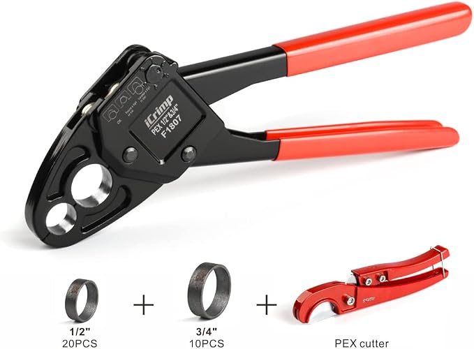 IWISS Angle PEX Crimping Tools Combo Kits for 1/2" & 3/4" Pex Crimp Rings with Go/No-Go Gauge with PEX Pipe Cutter Suits for All US F1807 Standards Copper Rings