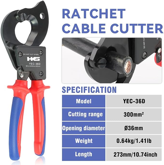 HKS Ratchet Cable Wire Cutter Heavy Duty for Cutting Electrical Aluminum Copper and Multi-core Cables up to 300mm² (AWG 600MCM)