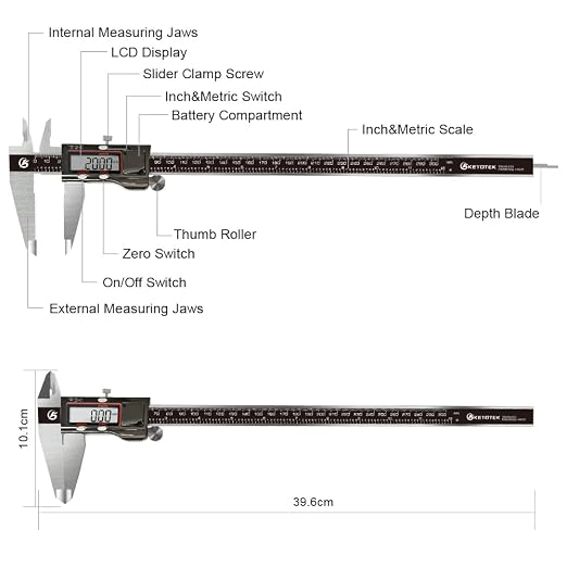 KETOTEK Digital Caliper, 12 Inch/300mm Vernier Caliper Measuring Tool with Stainless Steel, IP54 Splash Proof, Electronic Micrometer LCD Screen Auto-Off, Inch/Millimeter Conversion for 3D Printing