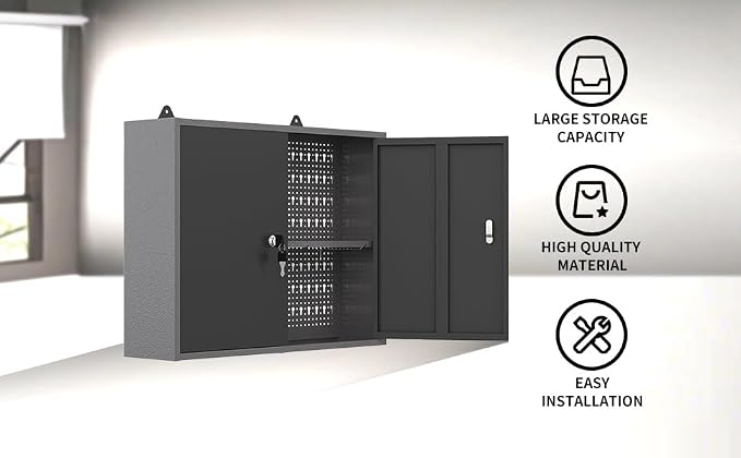 JZD Metal Wall Mounted Tool Cabinet with Lockable Doors, for Garage Basement Workshop, Black & Grey