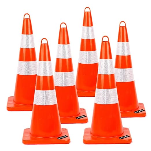 BATTIFE 6 Pack 28 Inch Traffic Safety Cones with Reflective Collars, Heavy Duty Orange Parking Cones for Road Construction and Traffic Control