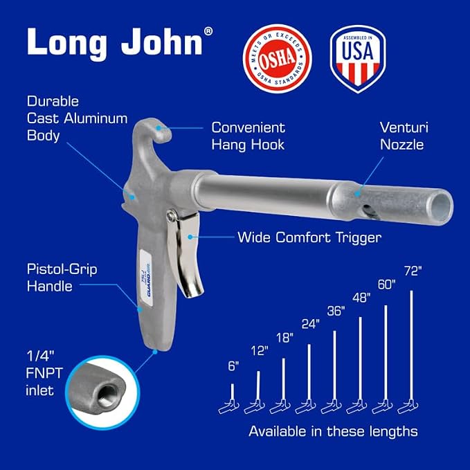 Guardair Long John Safety Air Gun with 06-Inch Aluminum Extension, High Performance OSHA Compliant Alloy Nozzle, Gray/Silver (75LJ006AA)