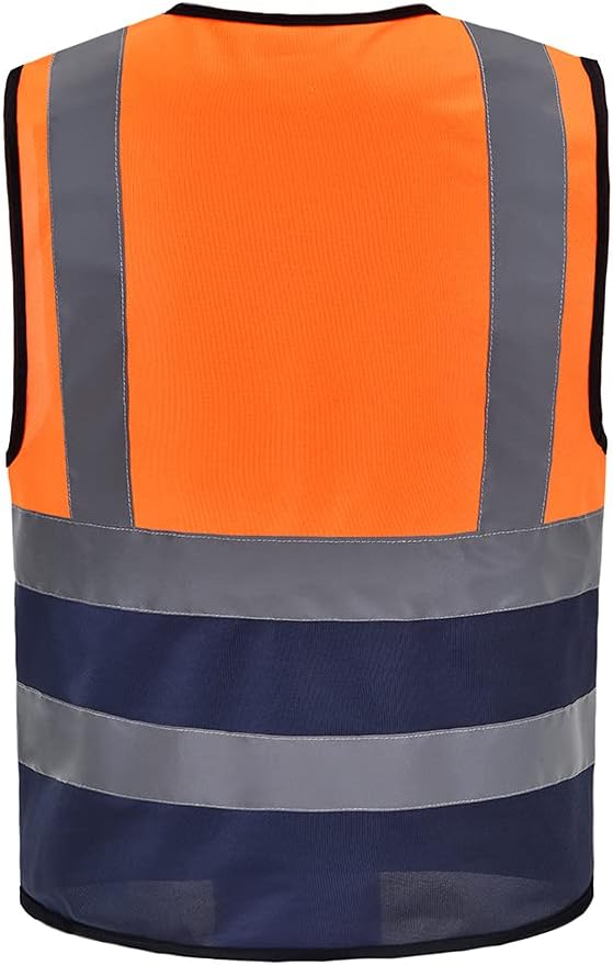 A-SAFETY Hi-Vis Reflective Vest, Radio Loop, Front Zipper, Orange/Navy, XL | Orange/Navy XL Polyester work vest with 7 pockets, black front zipper and reflective strips for road work and utility work.