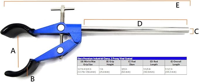EISCO 2 Prong, Vinyl Coated Burette Flask on Stainless Steel Rod - 4.25" Max Clamp Opening, 5.5" Rod - Powder Coated Zinc Clamp - Research, Industrial Laboratory Grade
