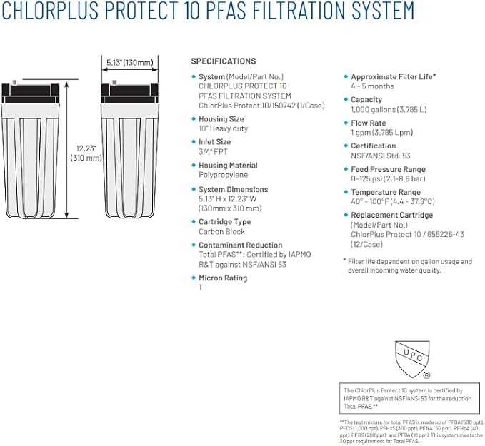 Pentair Pentek ChlorPlus Protect 10 Replacement Cartridge, 1 Micron Carbon Block, Reduces PFOA, PFOS, Chlorine and Chloramine, NSF/ANSI 53 Certified, 10-Inch Undersink, 5.13" x 12.23"