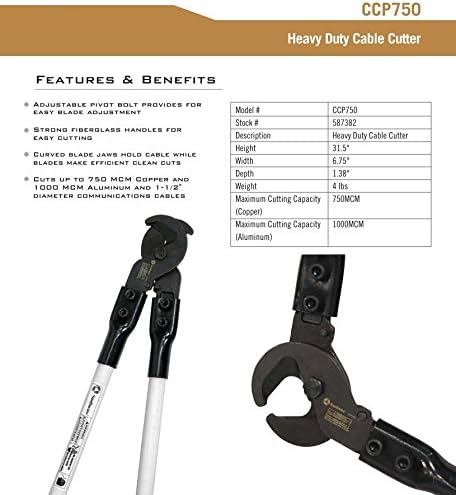 Southwire HD Cable Cutter 750MCM - Efficient Blade Action for Copper & Aluminum - Curved Blade Jaws - Adjustable Pivot Bolt - Clean Cuts Through Communication Cables