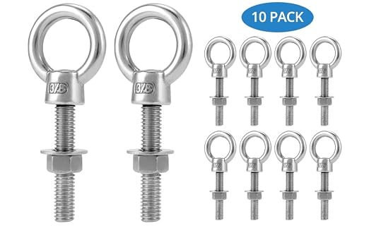 QWORK Threaded Eyebolts, 10 Pack 3/8" x 2" Long 304 Stainless Steel Marine Grade Shoulder Eye Bolt