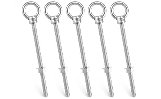 QWORK 316 Stainless Steel Machinery Eye Bolt with Shoulder, 5 Pack 3/8" x 6" Long Stainless Steel Marine Grade Shoulder Eye Bolt, Threaded Eyebolts, WD30279