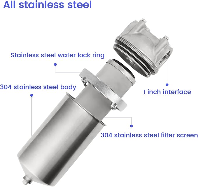 NSF/ANSI 42 Stainless Steel Whole House Water Filter Housing, 5" x 2.5" Sediment Water Filter System for Heavy Duty, Well & City Water, 1" NPT Port, Drain Valve Style C(Square Head)