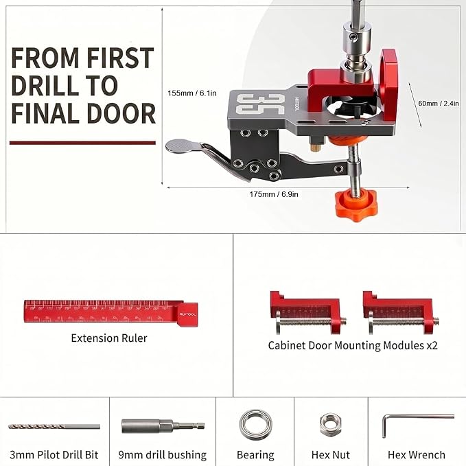 RUITOOL 35mm Concealed Hinge Jig System, Cabinet Door Mounting Jig & Door Installation Kit with Secure Clamp and Dust Port, Aluminum Hardware Hole Puncher with Modular Extension Ruler