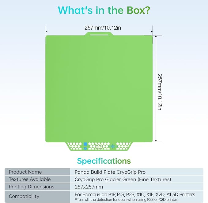 BIQU CryoGrip Pro Glacier Green Compatible with Bambu-Lab P1S/P1P/P2S/X2D/X1C/X1E/A1 3D Printers 257x257MM Panda Build Plate Double Sided Upgrade Removable Surface Platform