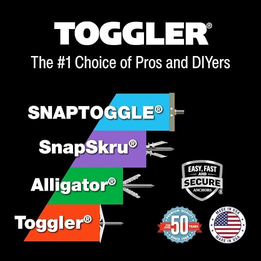 TOGGLER SNAPTOGGLE Heavy-Duty Drywall Toggle Bolt – 3/16"-24 UNC Zinc-Plated Anchor for Hollow Walls, Plaster & Tile – Holds 238 lbs in 1/2" Drywall, Easy Install – 50 Pack (W/O Bolts)