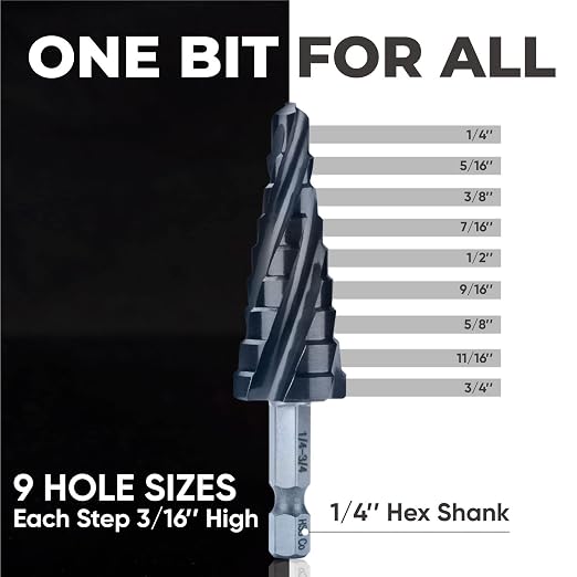 toolant Four Spiral Flute Cobalt Step Drill Bit(Pro), 1/4"-3/4" Impact Ready Unibit Step Drill Bit, 1/4" Hex Shank Step Bits for Metal, Stainless Steel, Aluminum, Plastic