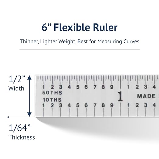 PEC Tools Made in USA Machinist Rule, 6" Flexible Steel Rule, Satin Chrome Finish, Markings 1/10", 1/50", 1/32", 1/64"