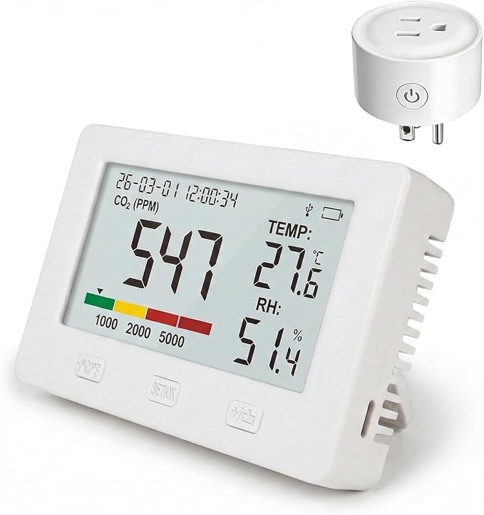 TW22 CO2 Monitor, Indoor Air Quality Meter with Temperature Humidity Monitoring, Over-Limit Prompt Control, Data Logging and USB Export for Home, Office, Room and Grow Farm