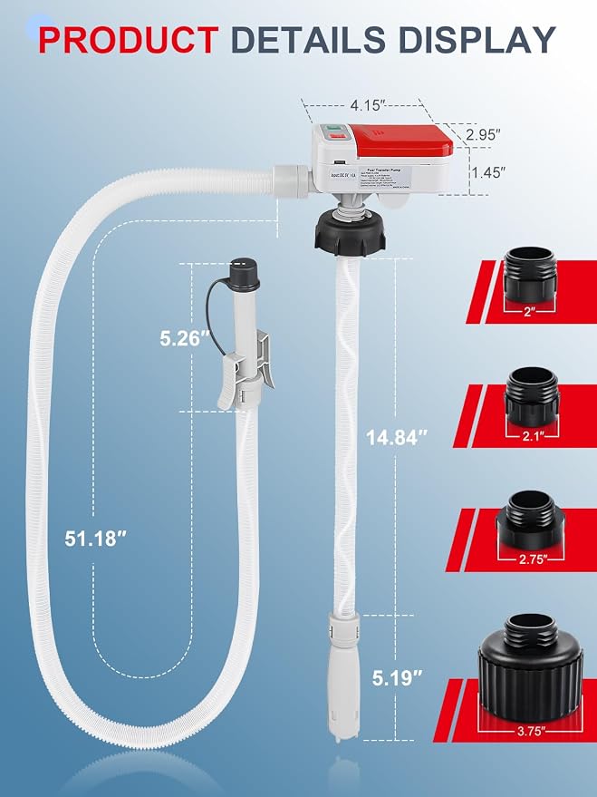 Fuel Transfer Pump 3.2 GPM, Dual Power USB-C & AA Battery, Auto-Stop Gas and Diesel Pump, 51 Inch Hose with 4 Fuel Can Adapters for Easy, Hands-Free Fueling (Red)