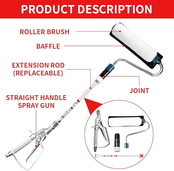 Airless Paint Sprayer Roller Inner Feed for High Pressure Airless Spray Gun,with Five Extension Pole Rods of Different Sizes(8in 12in 20in 30in 40in)