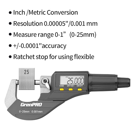 GRENPRO Digital Micrometer Measuring Tool, Professional Inch/Metric Precision Thickness Gauge, DIY and Household Use 0.00005"/0.001 mm Accuracy Micrometers ,Protective Case with Extra Battery
