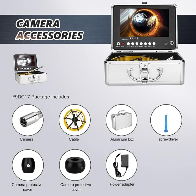 17MM Sewer Camera, Pipe Inspection Camera with 16GB TF Card, 9" Monitor, AHD 720P, 25M/82ft, Silver, Waterproof