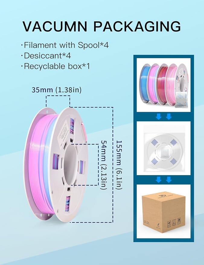 PINBALL Silk Rainbow & Crystal Rainbow PLA Filament 1.75mm, 3D Printer Filament Fast Color Change, Fit Most FDM Printers, 250g Spool, 4 Rolls
