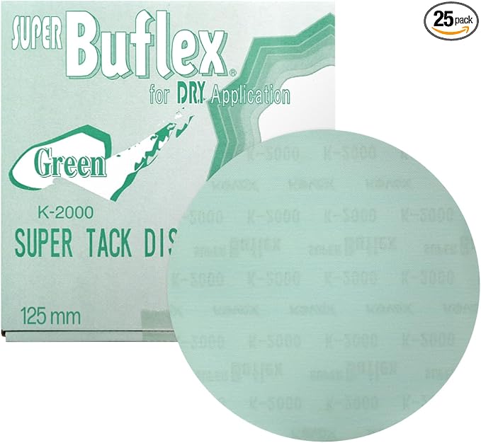 Super Buflex Flexible Dry 5 inch Sanding Discs, Green K-2000, No Holes, Hook & Loop, 195-1505, 25 Discs