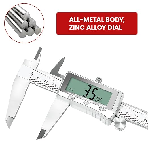 Digital Caliper 6 Inch, Rechargeable Calipers with Backlight LCD Screen, Stainless Steel Caliper Measuring Tool, Auto-Off Micrometer, Inch/MM/Fraction Conversion for 3D-Printing/DIY/Household