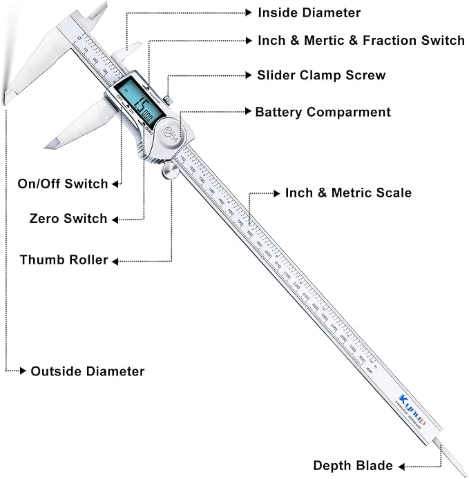Kynup 0-12 Inch Digital Caliper, Caliper Measuring Tool with Stainless Steel, IP54 Waterproof Protection Design, Easy Switch from Inch Metric Fraction, Large LCD Screen (200mm/300mm)