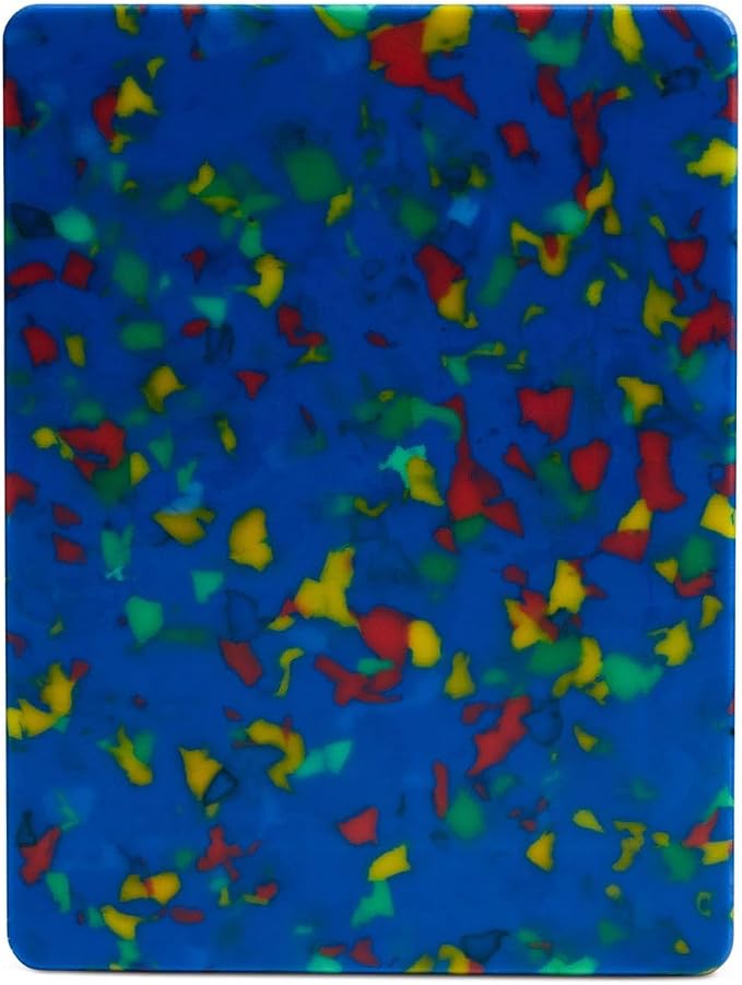 Core Kitchen Rainbow Confetti on Blue 6 x 8 Inch Recycled Plastic Charcuterie Platter Chopping Cutting Board with Non-Slip Footing, Kitchen Display Tray, 46371