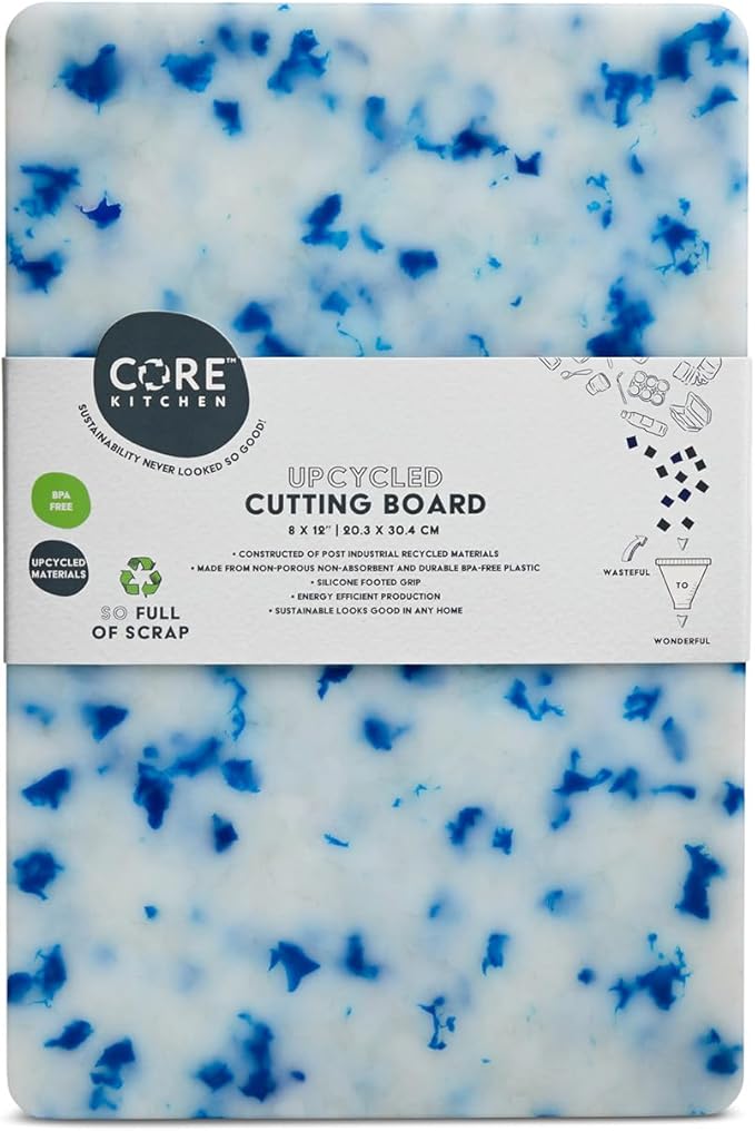 Core Home Upcycled BPA Free 8 x 12 Inch Made of Post Industrial Recycled Plastic Materials Charcuterie Platter Non-Slip Chopping Cutting Board, Blue Confetti