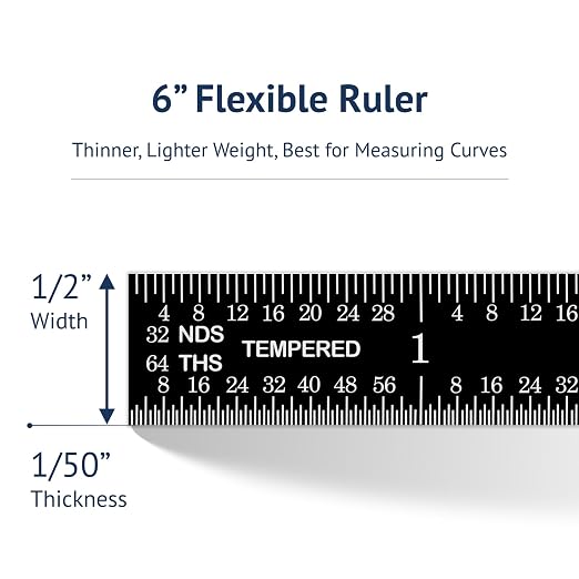 PEC Tools 6-inch Flexible Metal Ruler (3 Pack), High Contrast Machinist Rule, 4R Graduation (1/8", 1/16", 1/32", 1/64"), 6" Stainless Steel Ruler with Black Chrome Finish, Easy to Read, Made in USA