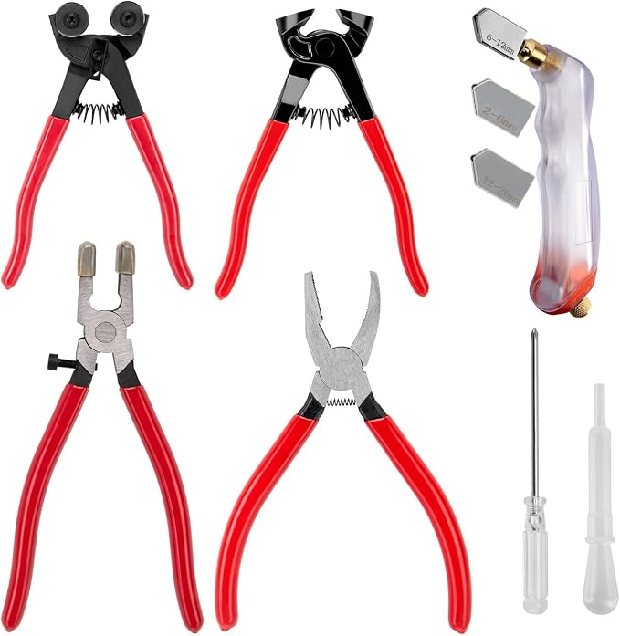 Glass Cutting Tool Kit: 2–20 mm Glass Cutter, 8" Tile Nippers, 8" Curved-Jaw Glass Running Pliers & 6" Breaker/Grozer Pliers for Stained Glass, Tile & Mosaic Cutting