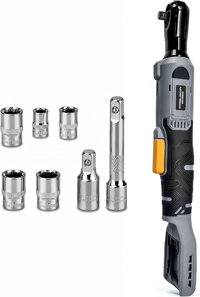 3/8" Cordless Ratchet Wrench Compatible With DEWALT 20V MAX Battery(Tool Only), 89Ft-Lbs(120N.m), Electric Ratchet Wrench Set with Variable Speed, LED Light, 5 Sockets, 3" Extension Bar, 1/2" Adapter