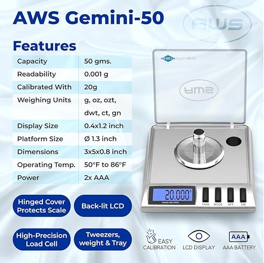 AWS Gemini-50 Milligram Scale 50g x 0.001g–Digital Jewelry/Lab Scale for Powder, Gold, Gems – Includes Calibration Weights, Tweezers & Tray–Tare, Cal, 6 Units (Gemini-50g-Silver)