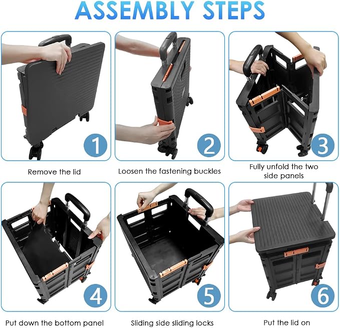 Foldable Utility Cart Portable Collapsible Crate Rolling Carts with Wheels Rolling Tote Basket Teacher Cart with Lid Wear-Resistant 360°Rotate Wheel Noiseless for Shopping Storage Office Use