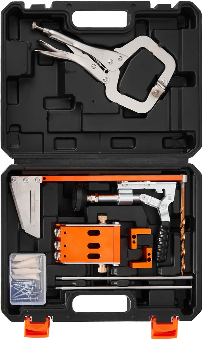 VEVOR Pocket Hole Jig Kit, 1/2 to 1-1/2 in Adjustable, Jig Pocket Hole System with Toolcase, C-Clamp, Step Drill, Hex Wrench, Drill Stop Ring, Square Drive Bit, Reinforced Metal Frame, for Woodworking